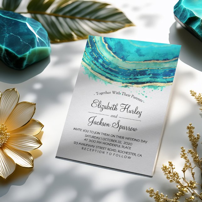 Hochzeit Elegante Wasserfarbe Aquamarin & Gold Aga Einladung (Von Creator hochgeladen)