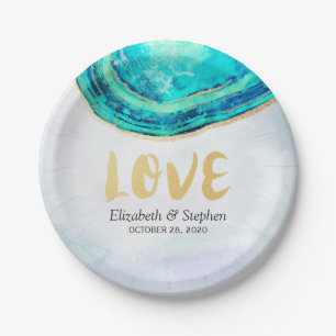 Hochzeit Elegante Wasserfarbe Aquamarin & Gold Aga Pappteller