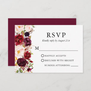 Hochzeit Elegante Wasserfarbe Burgund Blumen RSVP Karte