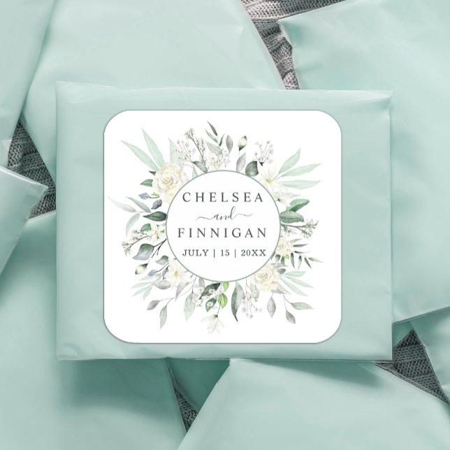 Hochzeit Elegante Wasserfarbenwelt Blumen Quadratischer Aufkleber (Modern Elegant Greenery #weddingsticker #greenery,#whitefloral#greenandwhite #addname #)