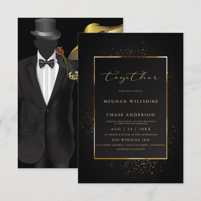 HOCHZEIT | Eleganter Schwarz-Gold-Glitzer Einladung (Vorne/Hinten)