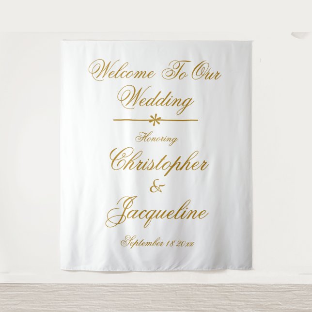 Hochzeit Eleganter White & Gold Script Namen Chic Wandteppich (Vorderseite)