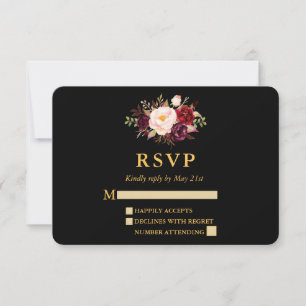 Hochzeit Elegantes Burgund Floral Black Gold UAWG RSVP Karte