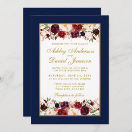 Hochzeit Elegantes Burgundy Floral Blue Gold Foto Einladung