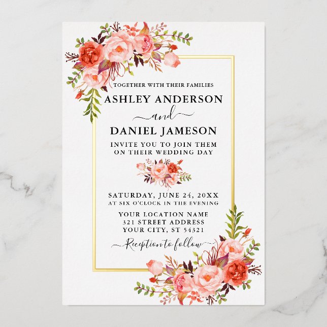 Hochzeit Elegantes Korallenriff Gold Folieneinladung (Vorderseite)