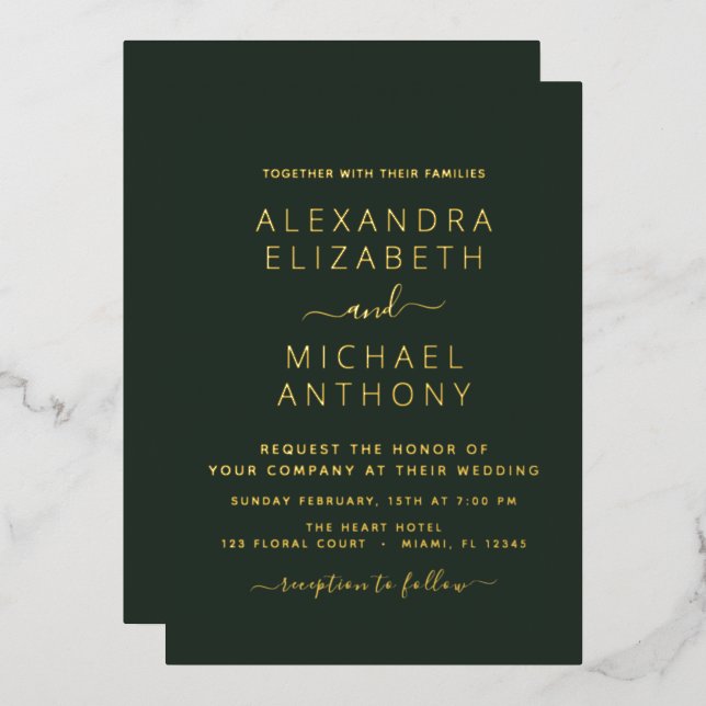 Hochzeit Elegantes romantisches Smaragdgrün Gold Folieneinladung (Vorderseite/Rückseite)