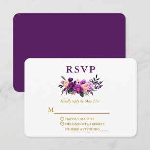 Hochzeit Elegantes Wasserfarben Lila Blumengold RSVP Karte