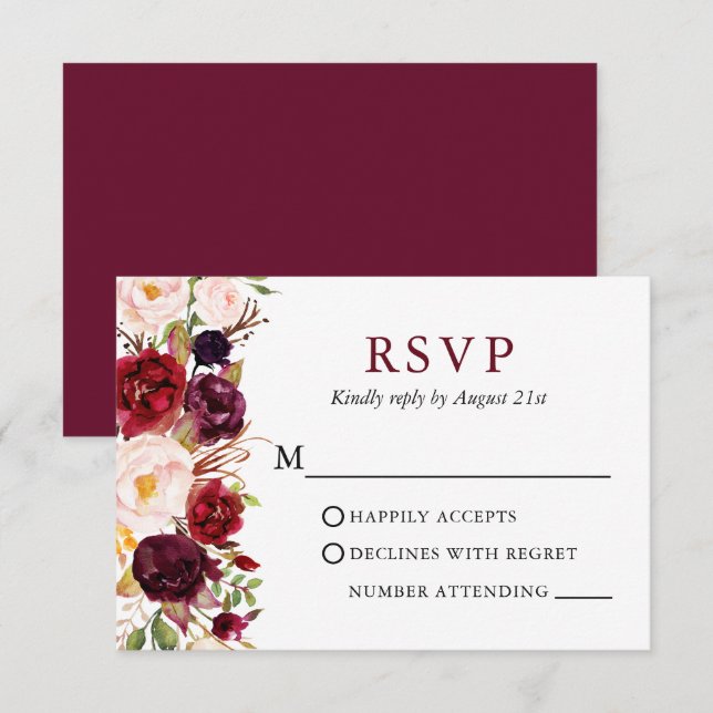 Hochzeit Elegantes Wasserfarbengebirge Burgund RSVP Karte (Vorne/Hinten)