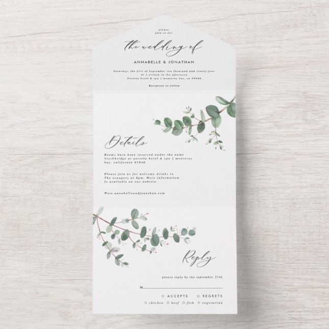Hochzeit Eukalyptus botanisch modern einladen + uA All In One Einladung (Innen Boden)