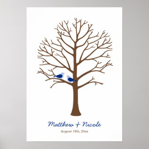 Hochzeit Fingerabdruck Baum Navy Blau Braun Vögel Poster