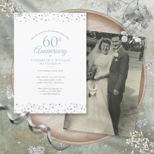 Hochzeit Foto 60 Jahre Jubiläum Hearts Confetti Einladung (Wedding Photo 60th Anniversary Hearts Confetti Invitation)