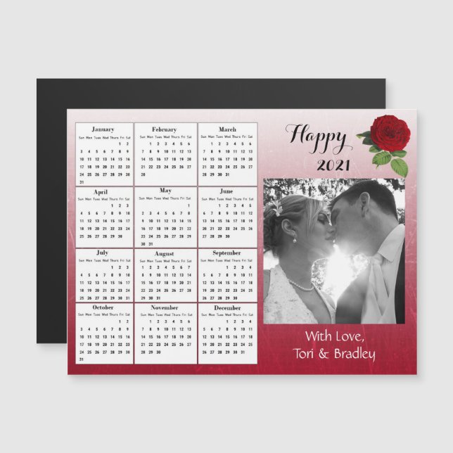 Hochzeit Foto Burgund Rose Mini 2021 Kalender Magneteinladung (Vorne/Hinten)