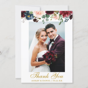 Hochzeit Foto Burgundy Blue Watercolor Floral Gold Dankeskarte