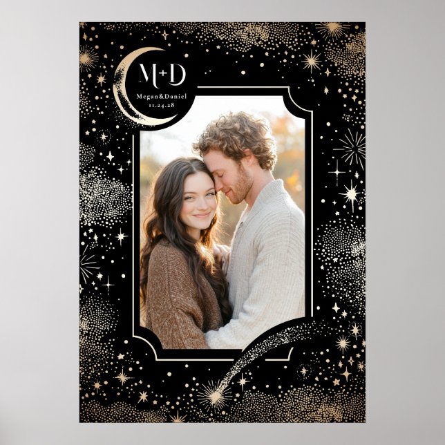 Hochzeit Foto Celestial Black Modern Stars Moon Poster (Vorne)