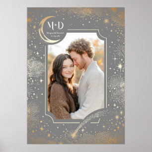 Hochzeit Foto Celestial Light Gray Stars Moon Poster