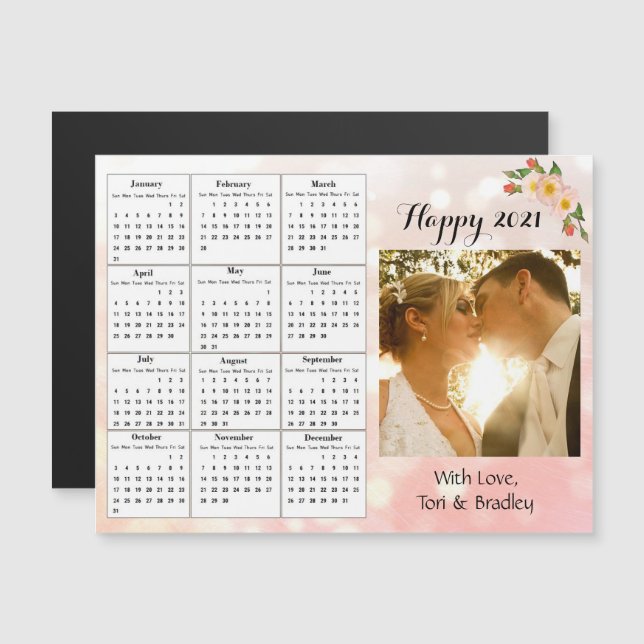Hochzeit Foto Coral Blume Mini 2021 Kalender Magneteinladung (Vorne/Hinten)
