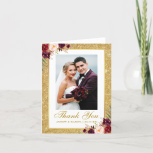 Hochzeit Foto Gold Glitzer Burgund Blumenzettel Dankeskarte