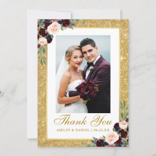 Hochzeit Foto Gold Glitzer Burgundy Blue Floral Dankeskarte