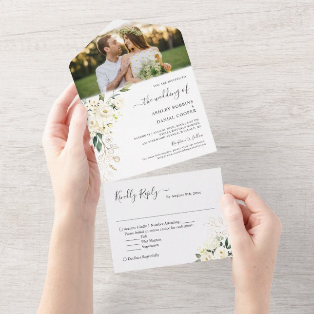 Hochzeit Foto Greenery Elfenbein Weißes goldenes B All In One Einladung (Abreißen)
