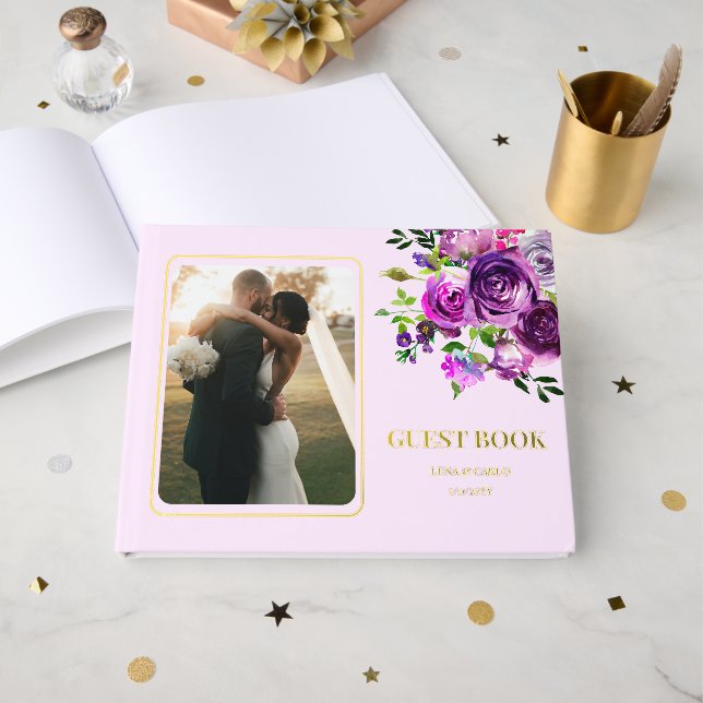 Hochzeit Foto Lila Blumenhochzeit Gästebuch (Vorderseite offen)