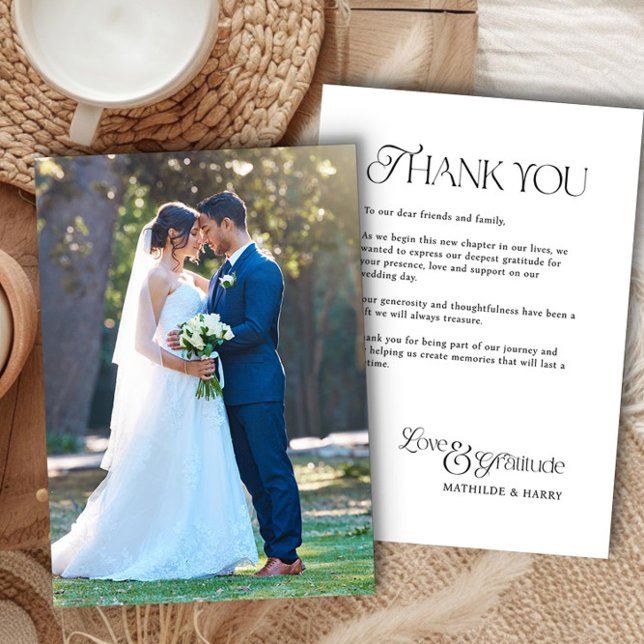 Hochzeit Foto Nostalgische Art Liebe und Dankbarke Dankeskarte (Simple Wedding Thank You Card with Full Bleed Photo and Romantic Nostalgic Typeface)