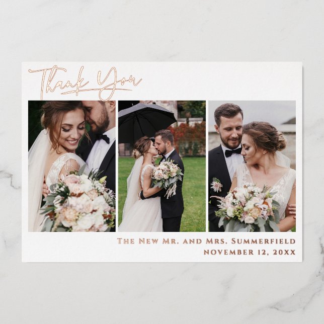 Hochzeit Foto Rose Gold Foil Script Danke Karte (Vorderseite)