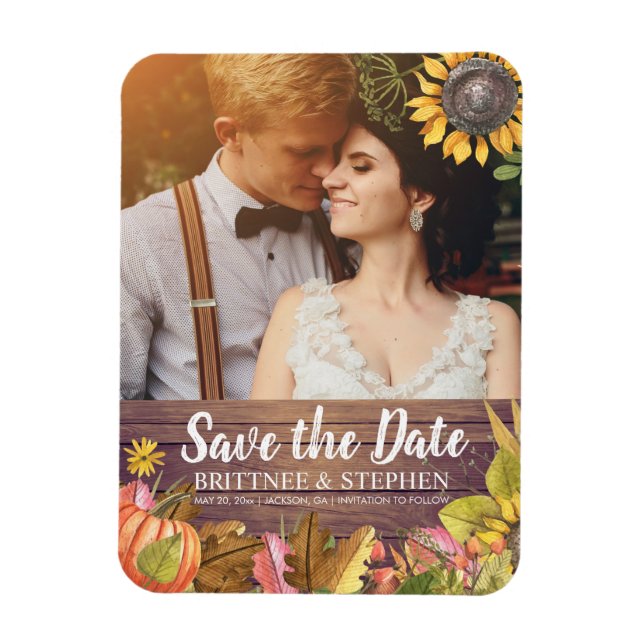 Hochzeit Foto Save the Date Ahorn Blätter Pumpkins Magnet (Vertikal)
