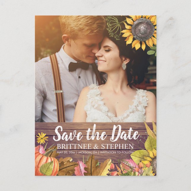 Hochzeit Foto Save the Date Ahorn Blätter Pumpkins Postkarte (Vorderseite)