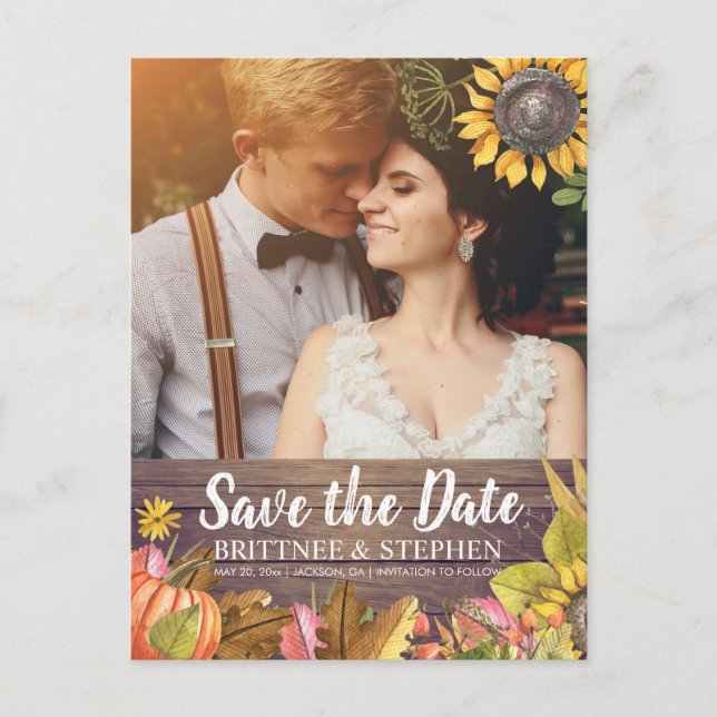 Hochzeit Foto Save the Date Ahorn Blätter Pumpkins Postkarte (Vorderseite)