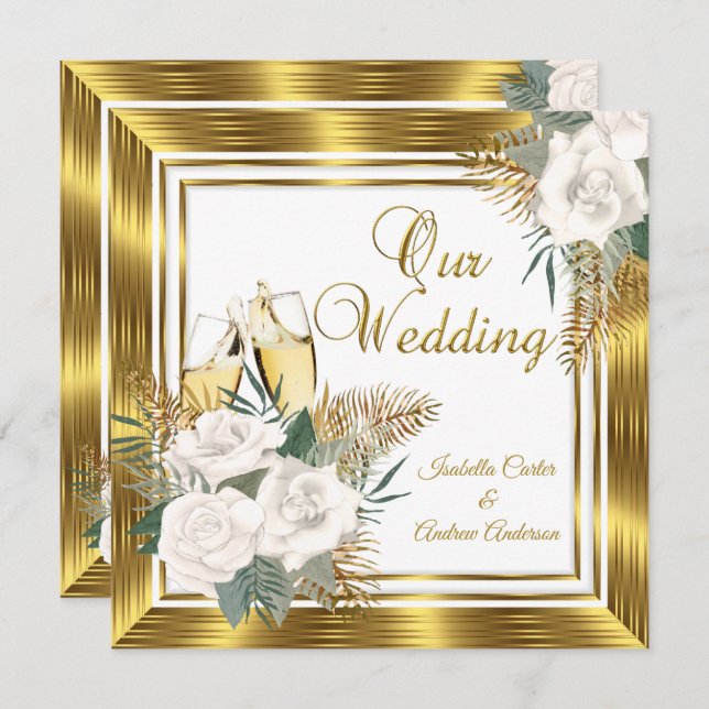 Hochzeit Golden White Rose Champagne Gold Einladung (Vorne/Hinten)