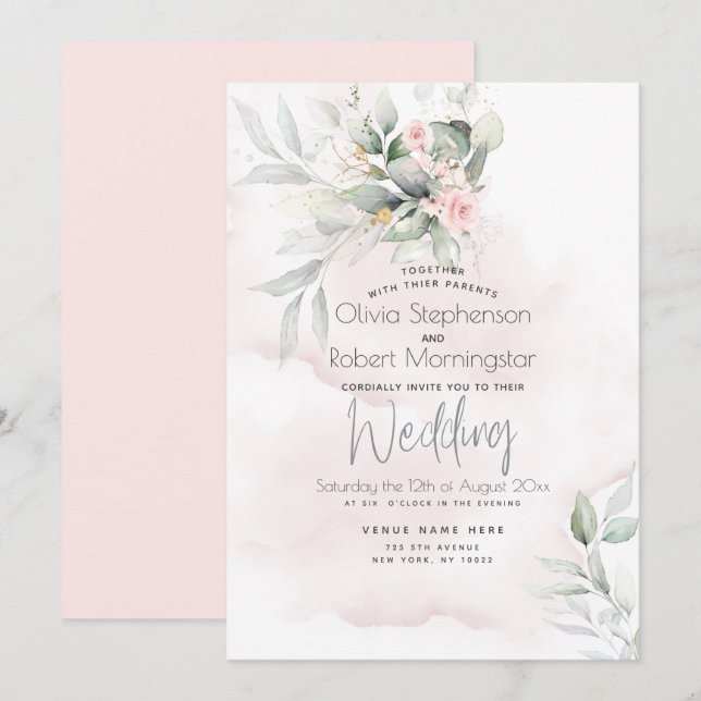 Hochzeit | Grüne Wälder Pale Pink Rose Einladung (Vorne/Hinten)