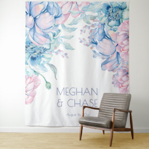 Hochzeit   Himmelblaue und Kaugummi-Rosa Pfingstro Wandteppich