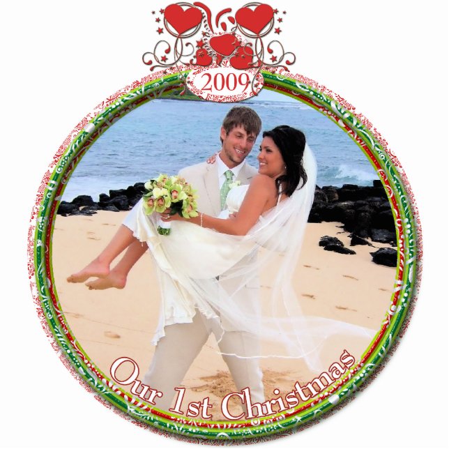 Hochzeit hört unser 1. Weihnachten Fotoskulptur Ornament (Vorne)