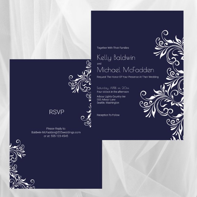 Hochzeit im eleganten Stil der Marine und des Weiß Einladung (Navy and White Elegant Style Wedding Invitation)