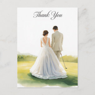 Hochzeit im Golf mit Braut und Bräutigam mit Text Postkarte