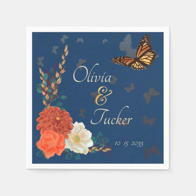 Hochzeit im Herbst Blumenschmetterling Aquamariner Serviette (Vorderseite)