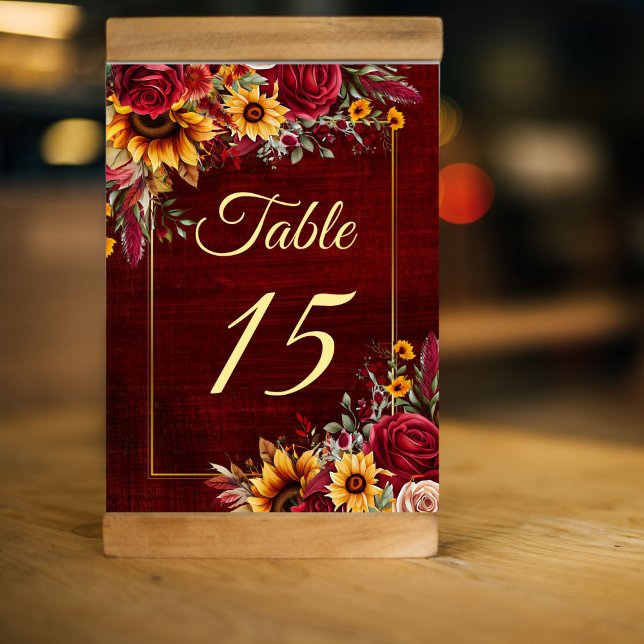 Hochzeit im Herbst Bordeaux Rose Sonnenblumen Tischnummer (Sunflower wedding decorations Fall sunflower wedding  table number card burgundy roses and sunflower)