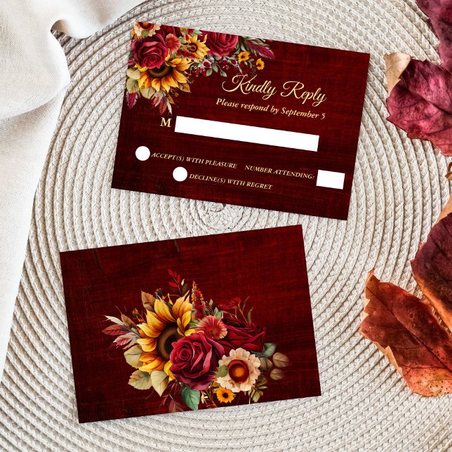 Hochzeit im Herbst bordeauxfarbene Rose Gelbe Sonn RSVP Karte (Fall wedding burgundy roses yellow sunflowers RSVP card wedding invitation suite)