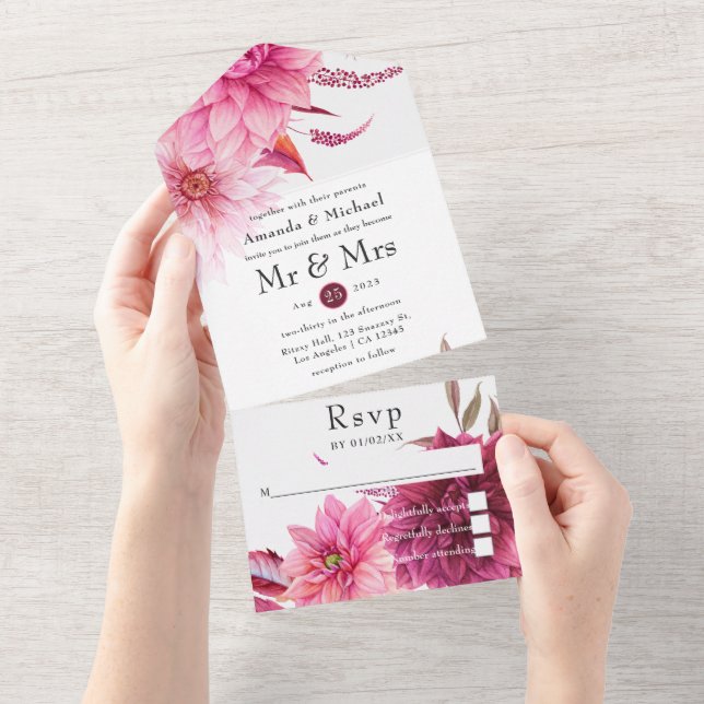 Hochzeit im Herbst Burgund und Blüten im Herbst All In One Einladung (Abreißen)