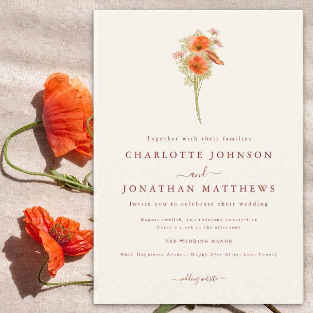 Hochzeit im Herbst der Minimalistischen Wildblume Einladung (Minimalist wildflower fall wedding invitation with burnt orange script and watercolor orange florals)