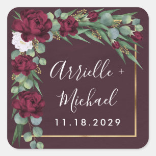 Hochzeit im Herbst der Wasserfarben Burgund und Go Quadratischer Aufkleber