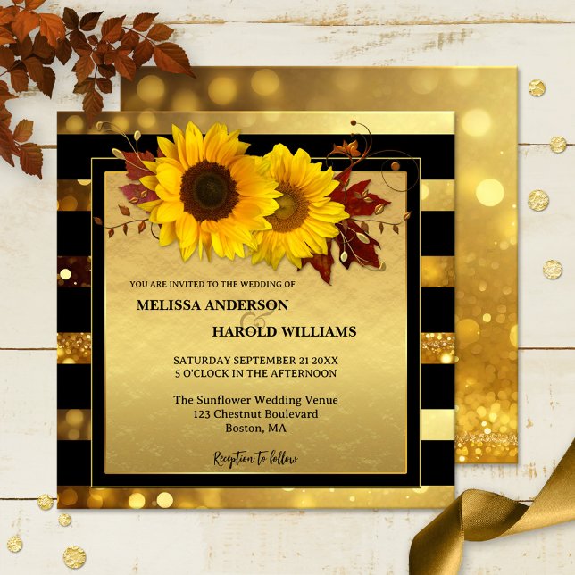 Hochzeit im Herbst Einladung (Wedding invitation featuring two sunflowers on a black and gold glitter sparkling design)