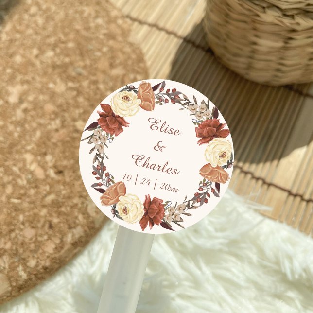 Hochzeit im Herbst Floral Wreath Runder Aufkleber (Fall Rustic Boho Wedding Sticker, Gift Label, Round sticker.)
