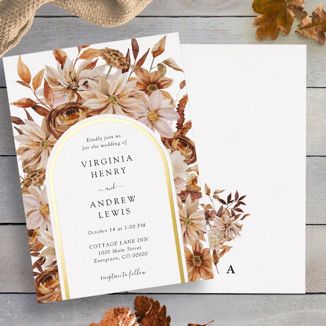 Hochzeit im Herbst Folieneinladung (White Fall Terracotta Floral Wedding Foil Invitation back Monogram by Painted Paperie
)