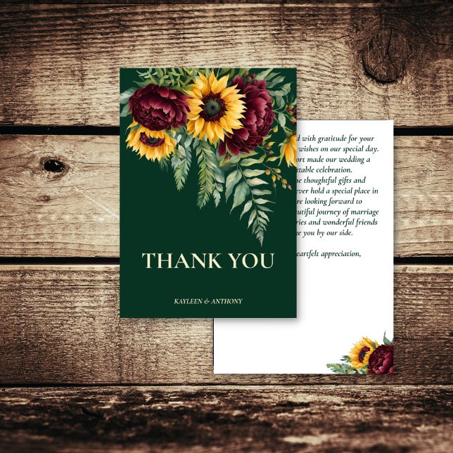 Hochzeit im Herbst Grün rustikale Sonnenblumen Dankeskarte (Fall summer wedding emerald green rustic sunflowers burgundy flowers thank you card )