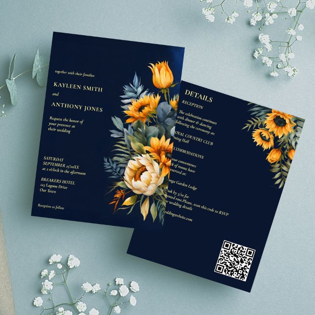 Hochzeit im Herbst Marineblau rustikale Sonnenblum Einladung (Fall wedding navy blue rustic sunflower all in one invitation editable template digital dowbload)