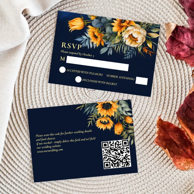 Hochzeit im Herbst Marineblau rustikale Sonnenblum RSVP Karte (Fall Summer wedding navy blue rustic sunflowers qr RSVP cards moody dark blue yellow )