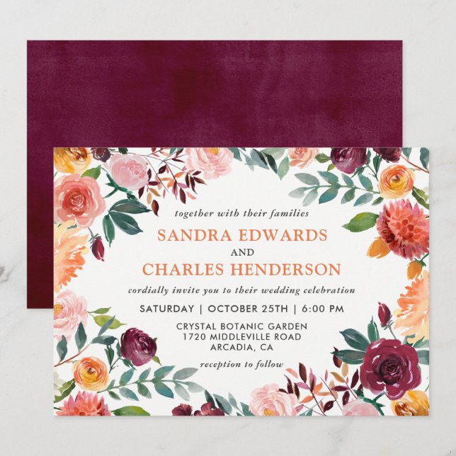 Hochzeit im Herbst Marsala Rosa Orange Botanisch Einladung (Vorne/Hinten)