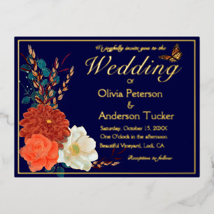 Hochzeit im Herbst Navy QRC Blumenmonarch Butterfl Folie Einladungspostkarte