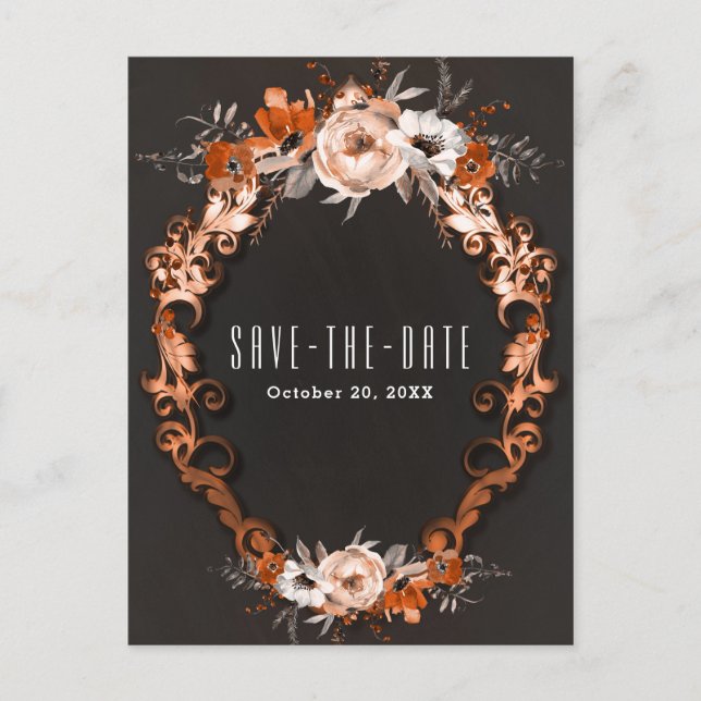 Hochzeit im Herbst Orange Floral Save the Date Her Ankündigungspostkarte (Vorderseite)